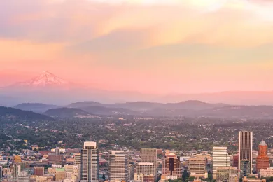 Downtown Portland at sunset from Pittock Mansion 