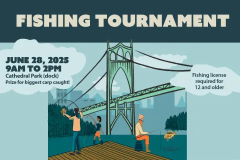 Illustration of people fishing by the St Johns bridge